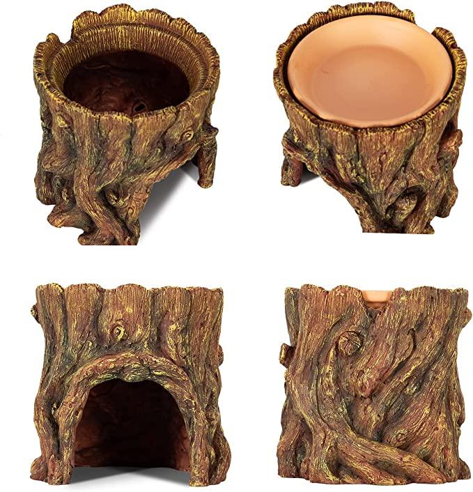 ReptiZoo Humidifying Tree Stump Hideout with Ceramic Water Bowl