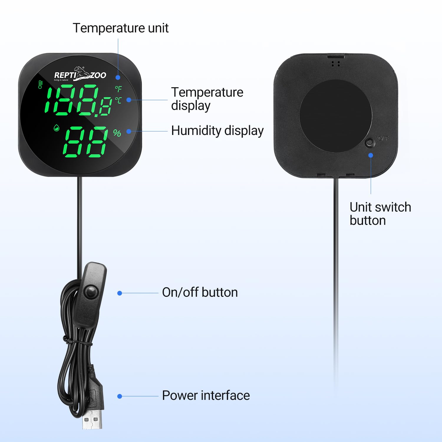 ReptiZoo LED Digital Thermo-Hygrometer with USB